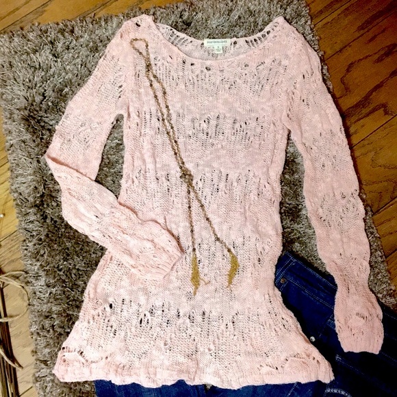 Poof Excellence Tops - Vintage Boho Soft Peach Long Loose Knit Crochet Sweater